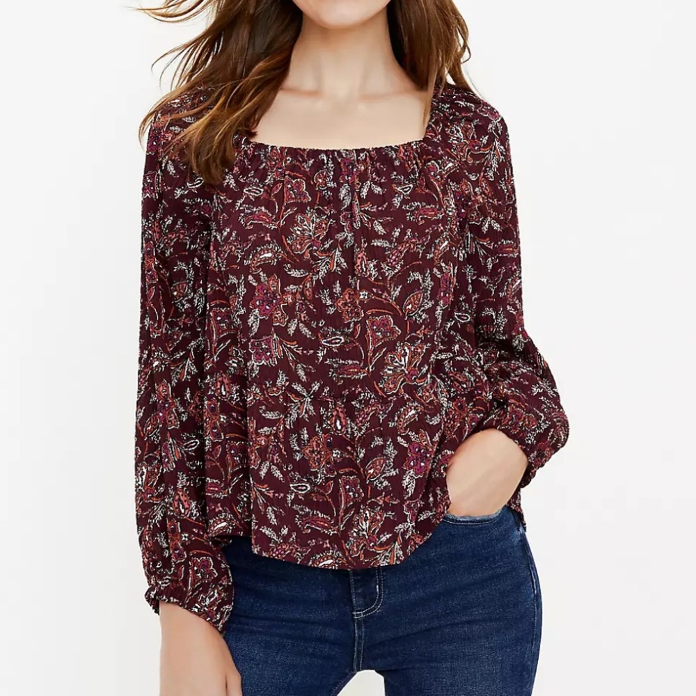 LOFT Burgundy Floral Blouse